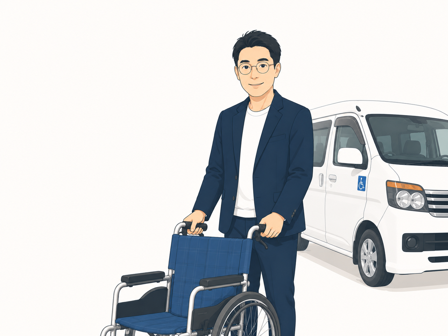 笑顔でお迎えする相談員と福祉車両のイラスト