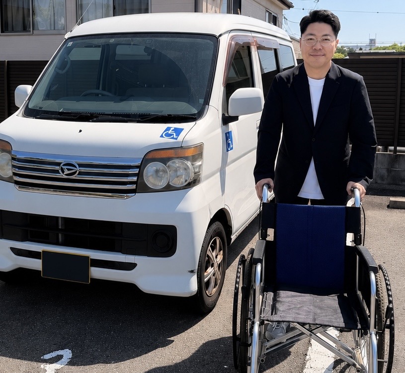 相談員と福祉車両、車椅子の写真